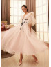 Nude Pink Pleated Tulle Midi Party Dress With Removable Corset